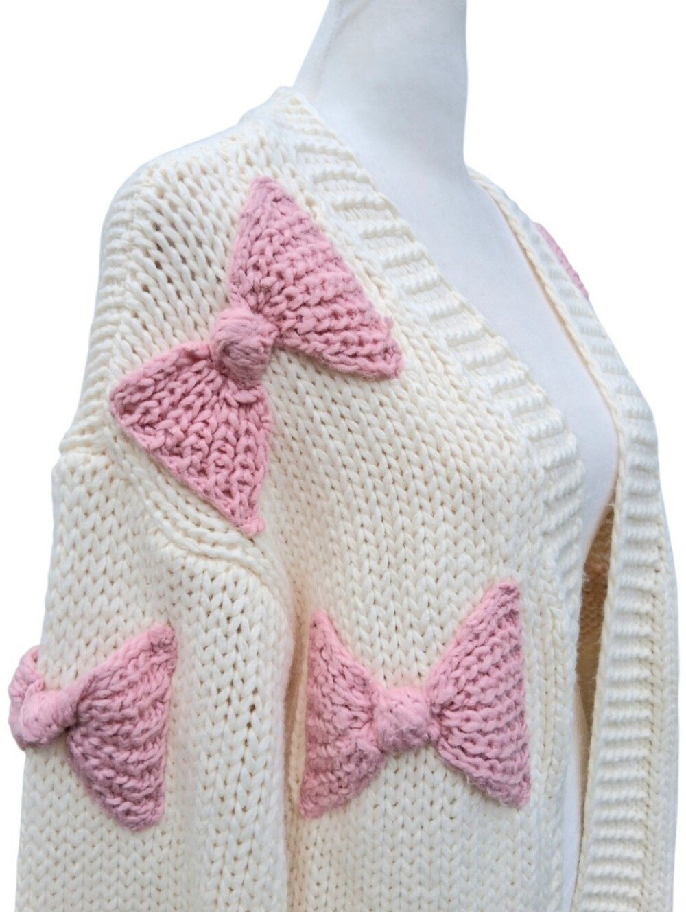 Altar'd State Victoria Bow Cardigan Cream Pink Knit Open Front Sweater Size XS - Picture 5 of 12